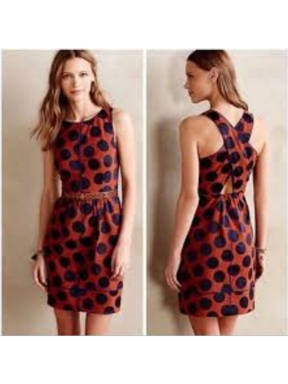 Anthropologie Maeve Navy Orange Polka Dot Dress Size 0